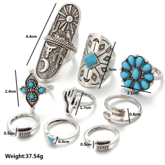 9 Pcs Boho Silver Turquoise Ring Set Gypsy NEW - Picture 4 of 4
